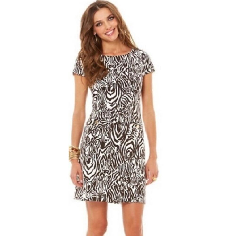 LILLY PULITZER Layton Zebra Shift Dress Medium Brown Zebra Full Entourage Pocket